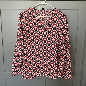 {Shein}Sz 2X Red/Blk/White Pattern Long Sleeve Blouse w/Optional Roll Tab